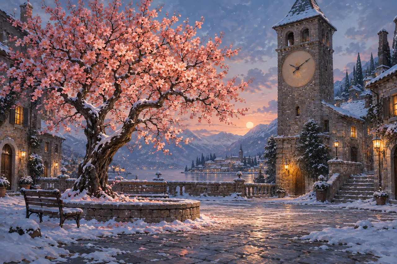 A quiet winter town square where a single flowering tree stands beside an old clock tower without numerals.